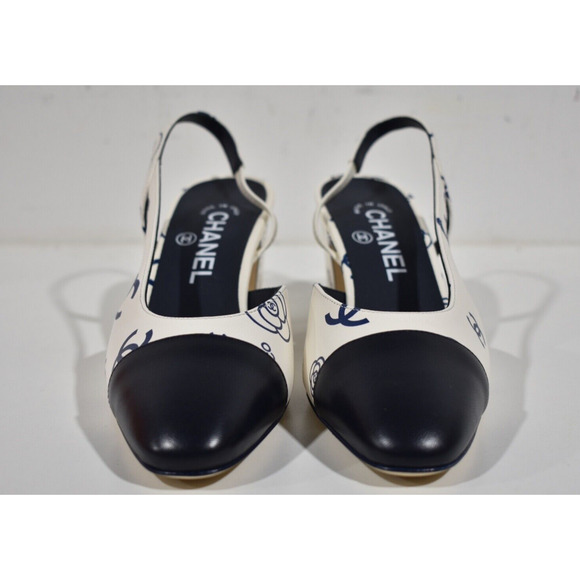 Chanel 23P Mademoiselle Coco Sling White Blue CC Logo Slingback Sandal Heel 37 - Picture 5 of 10